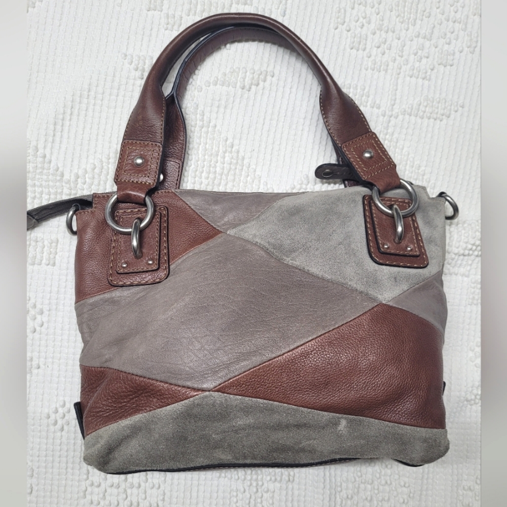 Fossil Corrine Patchwork Leather Handbag, Brown, Taupe, Gray Suede, Satchel
